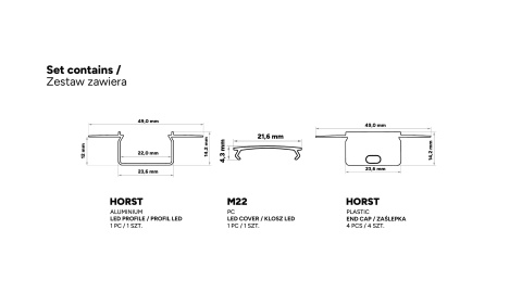Zestaw profil LED p/t dp 2 taśm czarny klosz mleczny PC 2,02 m + klosz + 4 zaślepki HORST