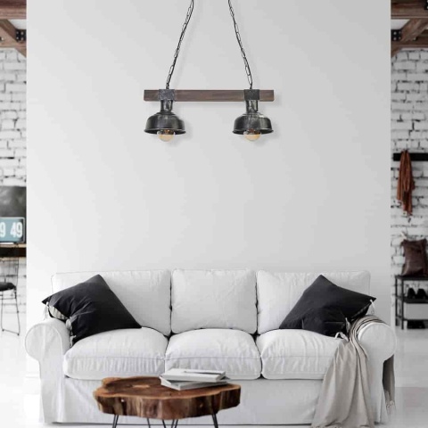 Lampa wisząca FARO WOOD - zwis 2xE27 czarna z naturalnym drewnem 60 cm Milagro