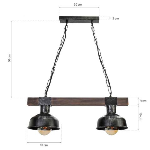 Lampa wisząca FARO WOOD - zwis 2xE27 czarna z naturalnym drewnem 60 cm Milagro