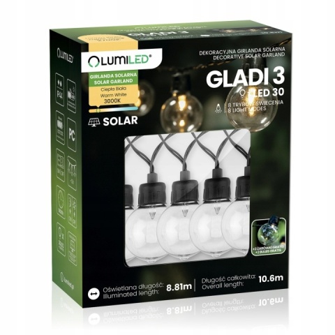 Girlanda Solarna 10m 30 LED Kuleczki Lampa Ogrodowa Taras Balkon Loft IP44