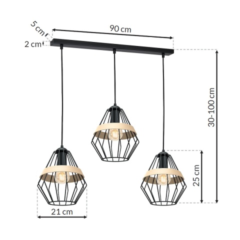 Lampa wisząca CLIFF - zwis 3xE27 czarna 90 cm Milagro