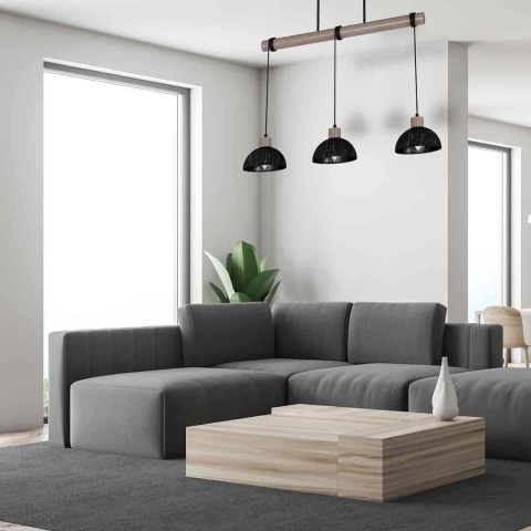 Lampa wisząca ERIK Sawn Patinated wood - zwis 3xE27 czarna z patynowanym drewnem 72 cm Milagro