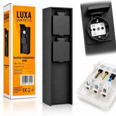 Elektryczny słupek ogrodowy z gniazdami 2x 230V zasilający czarny 23cm LUXA