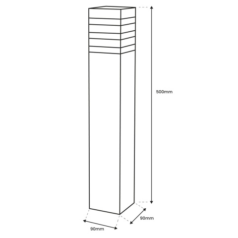 Rysunek wymiarowy słupka LUMILED TAXUS 2: wysokość 500mm, szerokość 90mm i głębokość 90mm