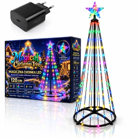 Magiczna Kolorowa Świąteczna Sztuczna Choinka LED 120cm 156 LED RGB Bluetooth IP65