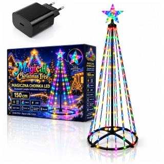 Magiczna Kolorowa Święteczna Choinka LED 150cm 204 LED RGB Bluetooth IP65