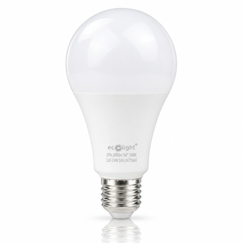 Żarówka LED ECO LIGHT EC79843 E27 20W 3000K 2000lm na białym tle z odbiciem.