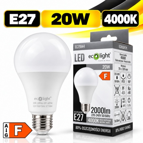 Żarówka LED ECO LIGHT EC79844 E27 20W 4000K 2000lm z opakowaniem i oznaczeniem klasy energetycznej F.
