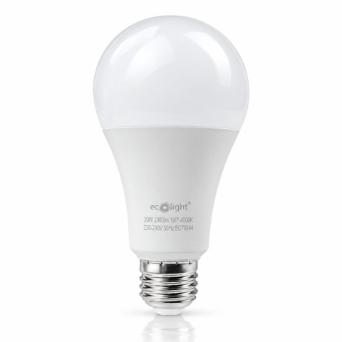 Żarówka LED ECO LIGHT EC79844 E27 20W 4000K 2000lm na białym tle z odbiciem.
