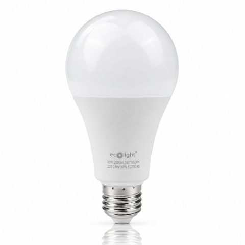 Żarówka LED ECO LIGHT EC79845 E27 20W 6500K 2000lm na białym tle z odbiciem.