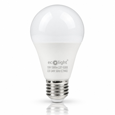 Żarówka LED ECO LIGHT EC79482 E27 A60 10W 6500K, czyste zdjęcie z odbiciem.