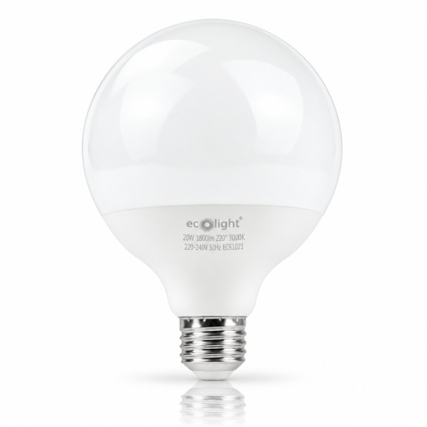 Żarówka LED ECO LIGHT EC61021 E27 G95 20W 3000K na białym tle z odbiciem.