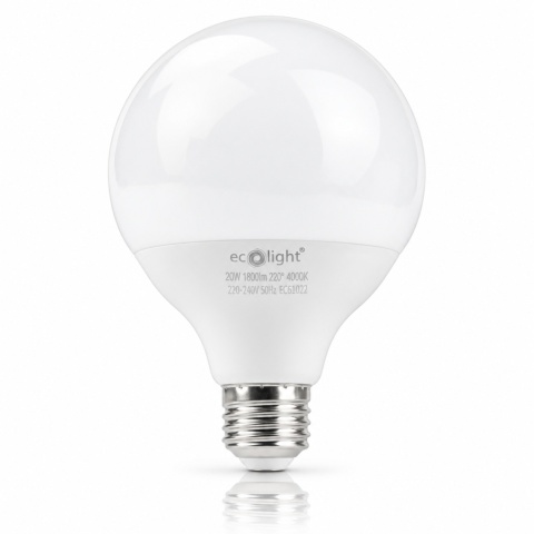 Żarówka LED ECO LIGHT EC61022 E27 G95 20W 4000K na białym tle z odbiciem.