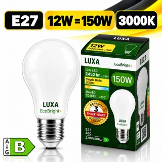 ŻARÓWKA LED E27 FILAMENT KLASA B A 60 12W 2452LM = 150W 3000K LUXA EcoBright+