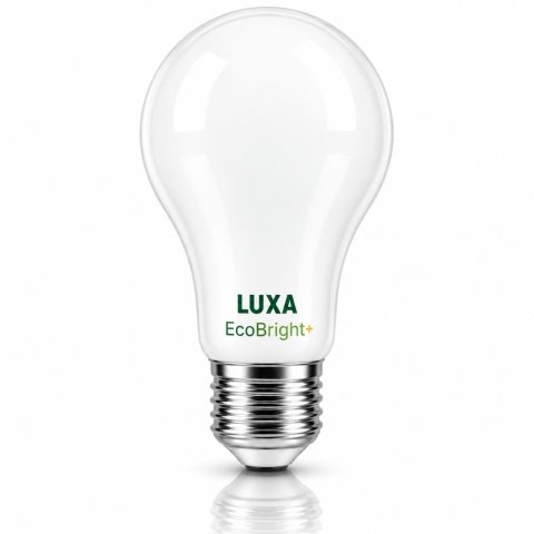 Żarówka LED E27 A60 LUXA EcoBright+ 12W 3000K na białym tle z lustrzanym odbiciem