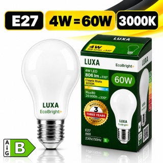 ŻARÓWKA LED E27 FILAMENT KLASA B A 60 4W 806LM = 60W 3000K LUXA EcoBright+