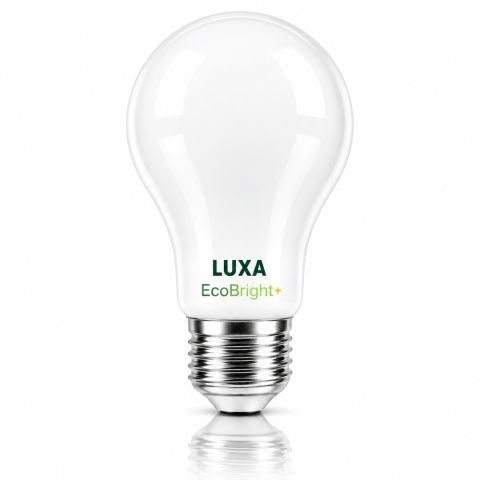 Żarówka LED E27 A60 LUXA EcoBright+ 4W 3000K na białym tle z lustrzanym odbiciem