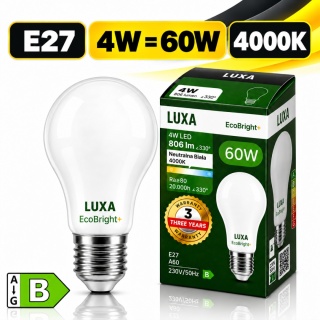 ŻARÓWKA LED E27 FILAMENT KLASA B A 60 4W 806LM = 60W 4000K LUXA EcoBright+