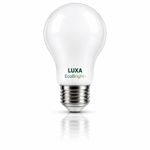 Żarówka LED E27 A60 LUXA EcoBright+ 4W 4000K na białym tle z lustrzanym odbiciem