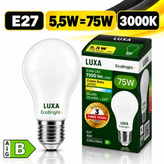 ŻARÓWKA LED E27 FILAMENT KLASA B A 60 5,5W 1100LM = 75W 3000K LUXA EcoBright+
