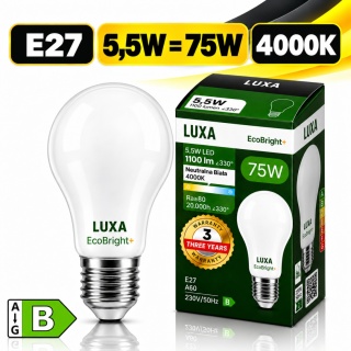 Żarówka LED E27 filament mleczna B A60 5,5W 1100LM = 75W 4000K LUXA EcoBright+
