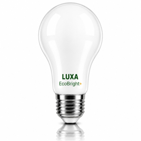 Żarówka LED E27 A60 LUXA EcoBright+ 5,5W 4000K na białym tle z lustrzanym odbiciem.