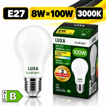 Żarówka LED E27 filament mleczna B A60 8W 1600LM= 100W 3000K LUXA EcoBright+