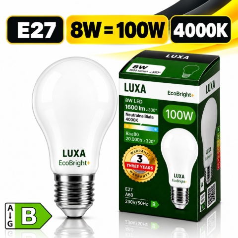 Żarówka LED E27 LUXA EcoBright+ 8W=100W 1600lm 4000K z opakowaniem, klasa B.