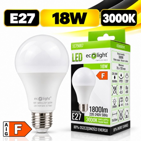 Żarówka LED ECO LIGHT EC79667 E27 18W 3000K 1800lm z opakowaniem i oznaczeniem klasy energetycznej F.