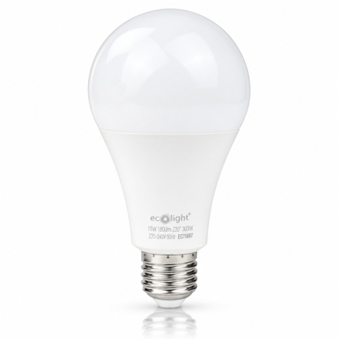 Żarówka LED ECO LIGHT EC79667 E27 18W 3000K 1800lm na białym tle z odbiciem.