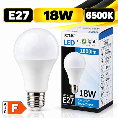 Żarówka LED ECO LIGHT EC79550 E27 18W 6500K 1800lm z opakowaniem i oznaczeniem klasy energetycznej F.