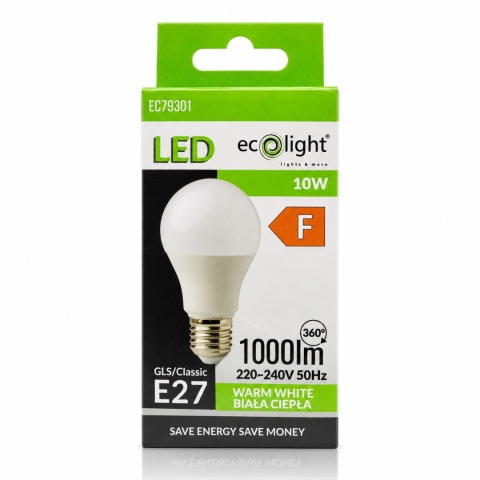 Żarówka LED E27 10W 1000lm 3000K ciepła A60 Ecolight odpowiednik 60W - 70W