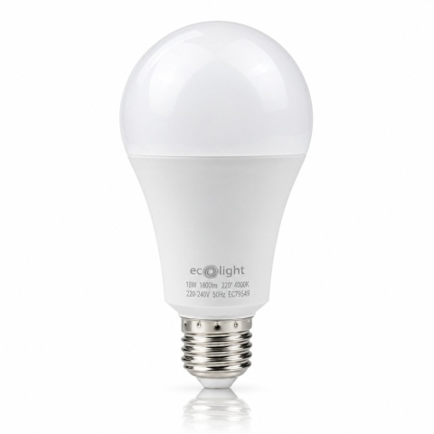 Żarówka LED ECO LIGHT EC79549 E27 18W 4000K 1800lm na białym tle z odbiciem.