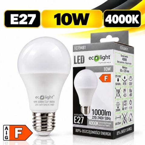 Żarówka LED ECO LIGHT EC79481 E27 A60 10W 4000K 1000lm z opakowaniem, klasa energetyczna F.