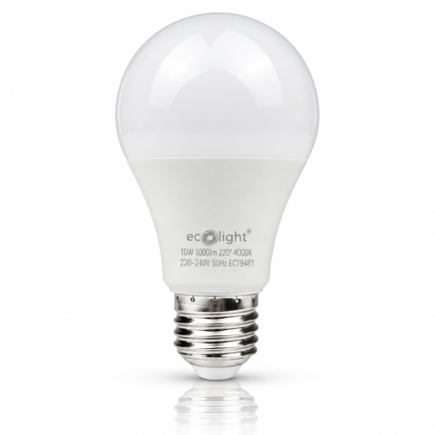 Żarówka LED ECO LIGHT EC79481 E27 A60 10W 4000K, czyste zdjęcie z odbiciem.