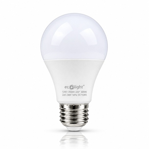 Żarówka LED ECO LIGHT EC79285 E27 A60 12W 3000K, czyste zdjęcie z odbiciem.