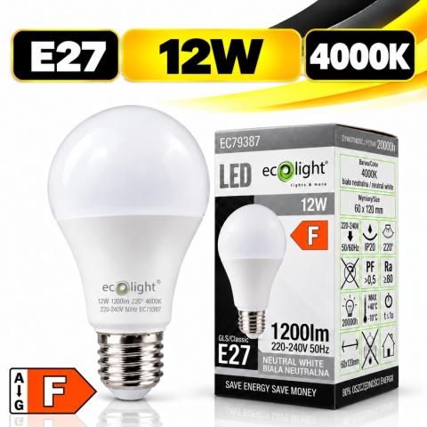Żarówka LED ECO LIGHT EC79387 E27 A60 12W 4000K 1200lm z opakowaniem, klasa energetyczna F.