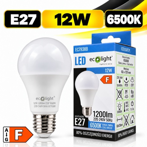 Żarówka LED ECO LIGHT EC79388 E27 A60 12W 6500K 1200lm z opakowaniem, klasa energetyczna F.