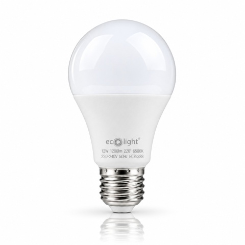 Żarówka LED ECO LIGHT EC79388 E27 A60 12W 6500K, czyste zdjęcie z odbiciem.