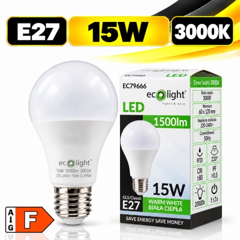 Żarówka LED ECO LIGHT EC79666 E27 A60 15W 3000K 1500lm z opakowaniem, klasa energetyczna F.