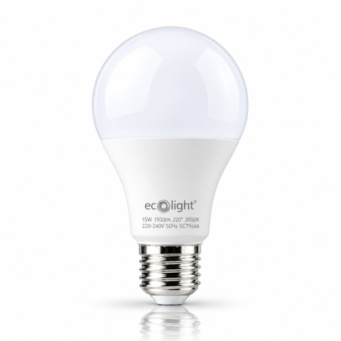 Żarówka LED ECO LIGHT EC79666 E27 A60 15W 3000K, czyste zdjęcie z odbiciem.
