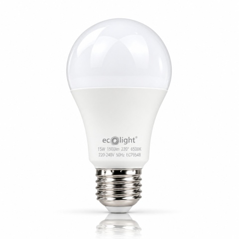 Żarówka LED ECO LIGHT EC79548 E27 A60 15W 6500K, czyste zdjęcie z odbiciem.