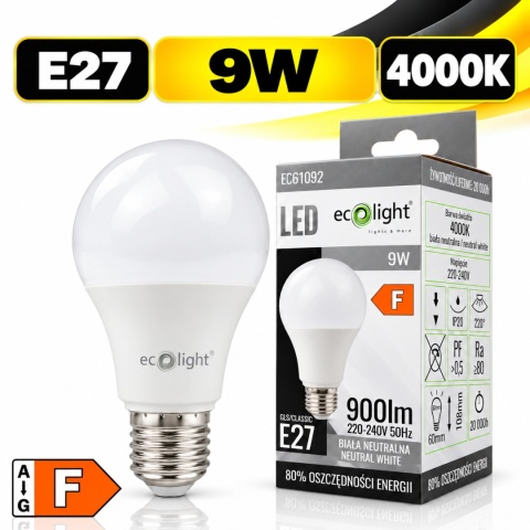 Żarówka LED E27 ECO LIGHT EC61092 9W 900lm 4000K z opakowaniem, klasa F.
