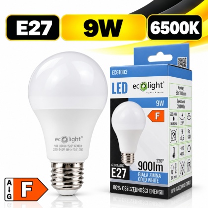 Żarówka LED E27 A60 9W 6500K 900lm ECO LIGHT EC61093