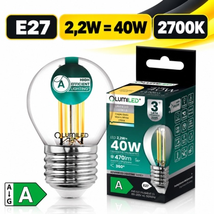 Żarówka LED E27 Filament Kulka P45 2,2W = 40W 470lm Klasa A Ciepła 2700K