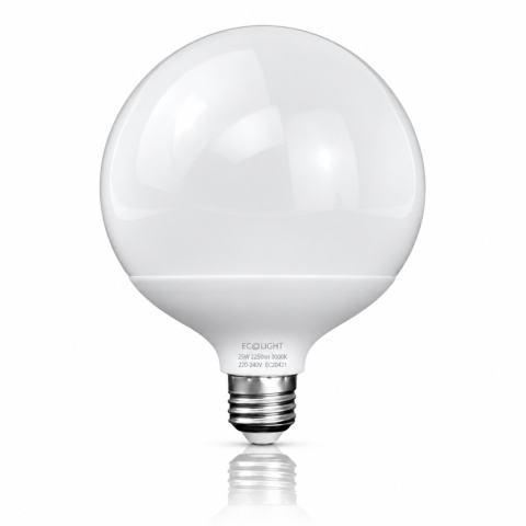 Żarówka LED ECO LIGHT EC20421 E27 G120 25W 3000K na białym tle z odbiciem.