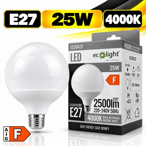 Żarówka LED ECO LIGHT EC20422 E27 G120 25W 2500lm 4000K z opakowaniem i oznaczeniem klasy energetycznej F.
