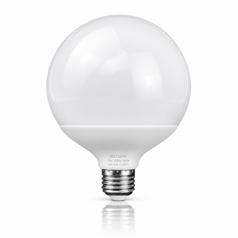 Żarówka LED ECO LIGHT EC20422 E27 G120 25W 4000K na białym tle z odbiciem.