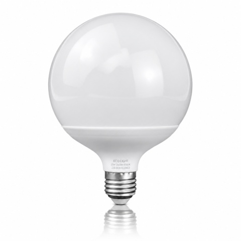 Żarówka LED ECO LIGHT EC20423 E27 G120 25W 6500K na białym tle z odbiciem.