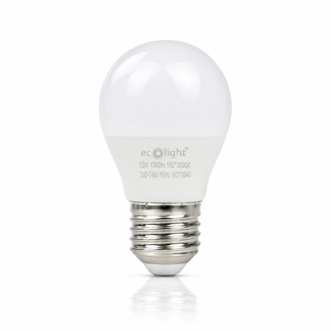 Żarówka LED kulka ECO LIGHT EC79840 E27 G45 10W 3000K 1000lm na białym tle z odbiciem.